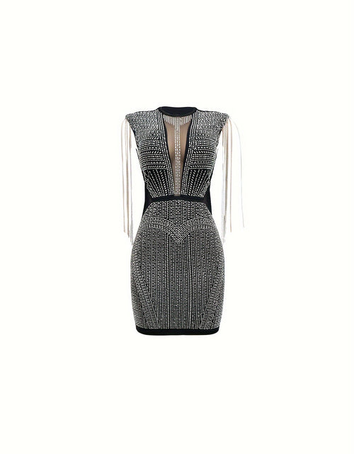 Load image into Gallery viewer, Rhinestone Contrast Lace Crew Neck Dress, Casual Long Sleeve Bodycon Dress, Women's Clothing