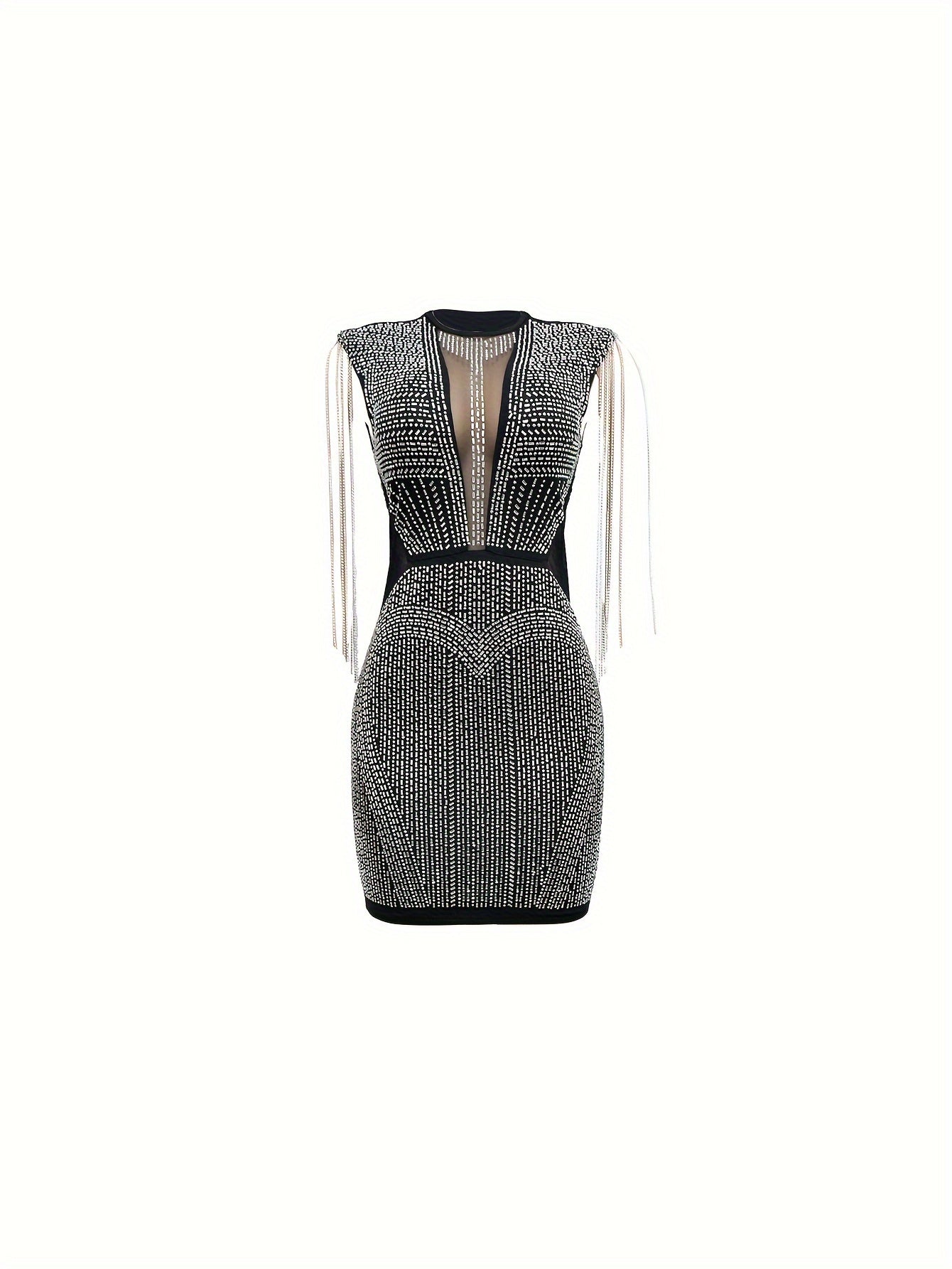 Rhinestone Contrast Lace Crew Neck Dress, Casual Long Sleeve Bodycon Dress, Women's Clothing