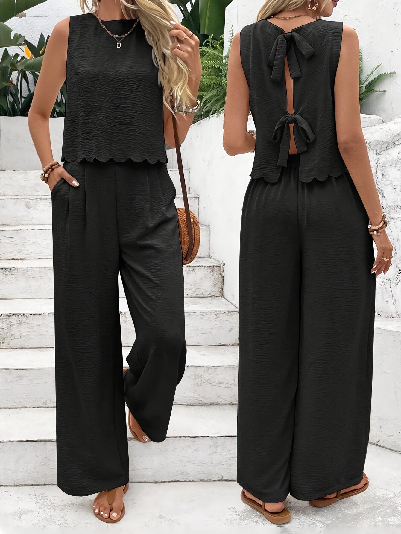 Frenchy Women Summer  Simple Everyday Old Money Style Linen Tie Two Piece Set, Tie Two Piece, Shell Trimmed Sleeveless Top And Pants