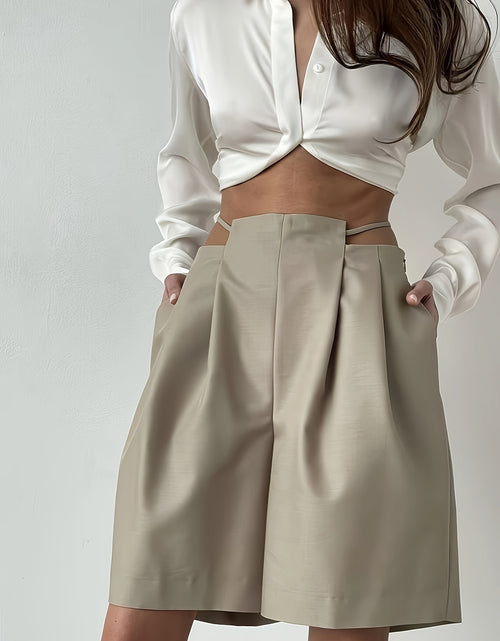 Load image into Gallery viewer, Women's Elegant Low-Rise Tie-Waist Wide Leg Shorts - Beige, Pleated Design, High-Quality Polyester Blend, Machine Washable