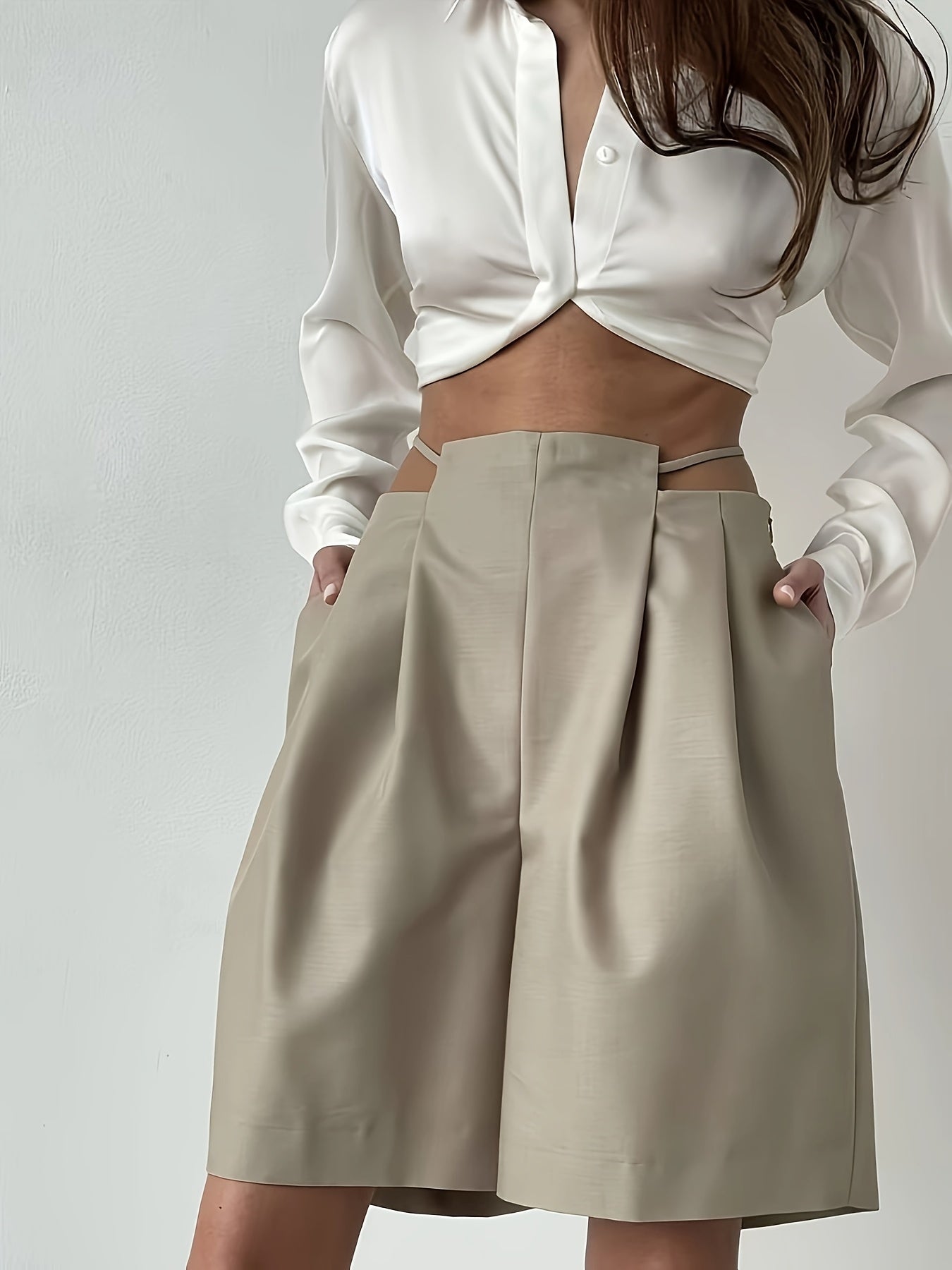 Women's Elegant Low-Rise Tie-Waist Wide Leg Shorts - Beige, Pleated Design, High-Quality Polyester Blend, Machine Washable