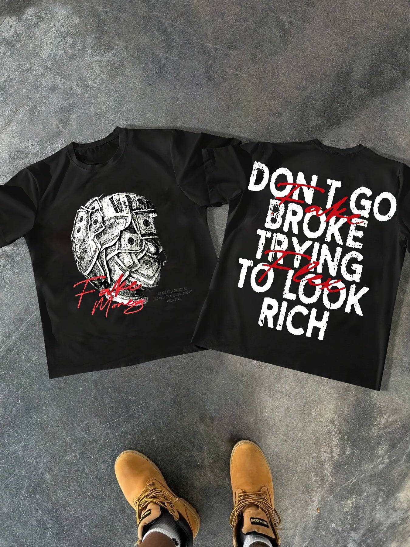 Comfortable Cotton Men's Double-Sided Printed T-Shirt - "Don't Go Broke Trying to Look Rich" Graphic, Round Neck, Casual Style for Casual Attire, Summer  Print Shirt Machine Washable