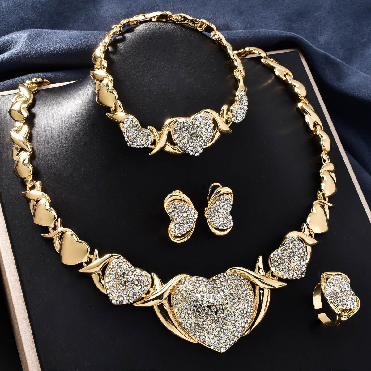 Heart Jewelry 5pcs Elegant Women's Jewelry Set -  Heart Elements Necklace, Bracelet, Ring, And Earrings