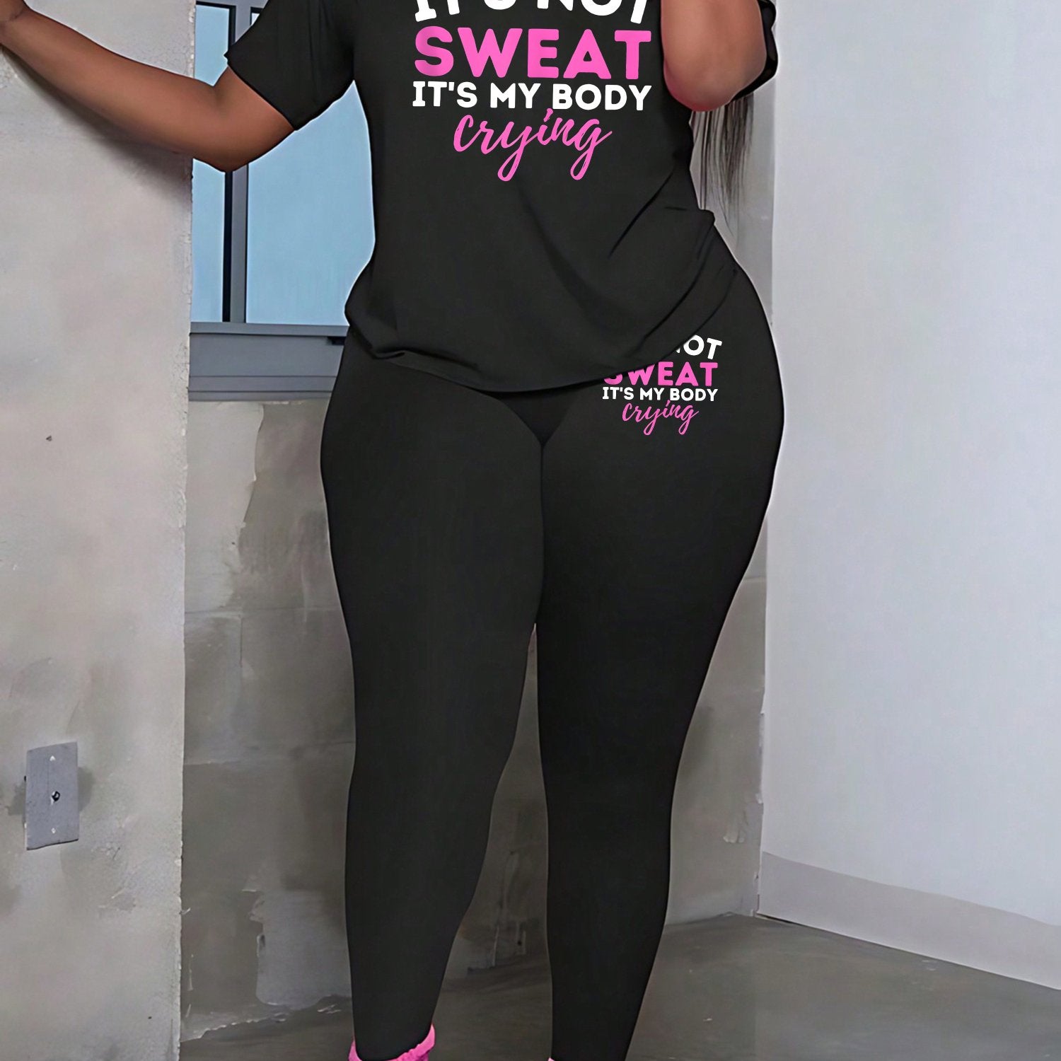 Plus Size Women'S "It'S Not Sweat, It'S My Body Crying" Graphic Tee & Leggings Set - Stretchy, Short Sleeve, Round Neck, No Pockets, Machine Washable, Casual Activewear, Activewear Outfit|Bold Print Top|Stretchy Fabric, Plus