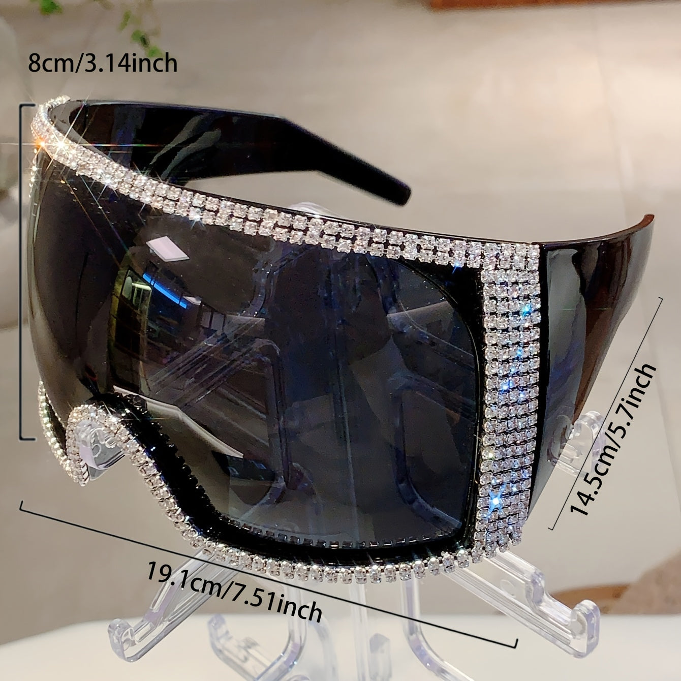Women Fashion Oversized Glasses with Rhinestone Accents, Black PC Lenses, and Pink Frame - Stylish Futuristic Design and Fashionable Accessory, Fashion Glasses