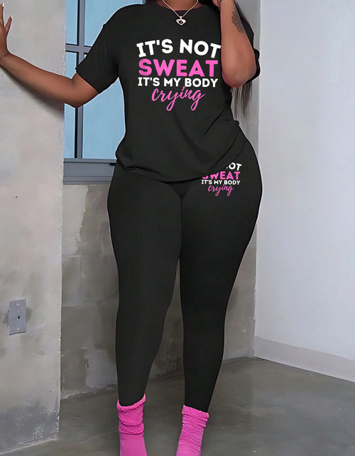 Load image into Gallery viewer, Plus Size Women'S "It'S Not Sweat, It'S My Body Crying" Graphic Tee & Leggings Set - Stretchy, Short Sleeve, Round Neck, No Pockets, Machine Washable, Casual Activewear, Activewear Outfit|Bold Print Top|Stretchy Fabric, Plus