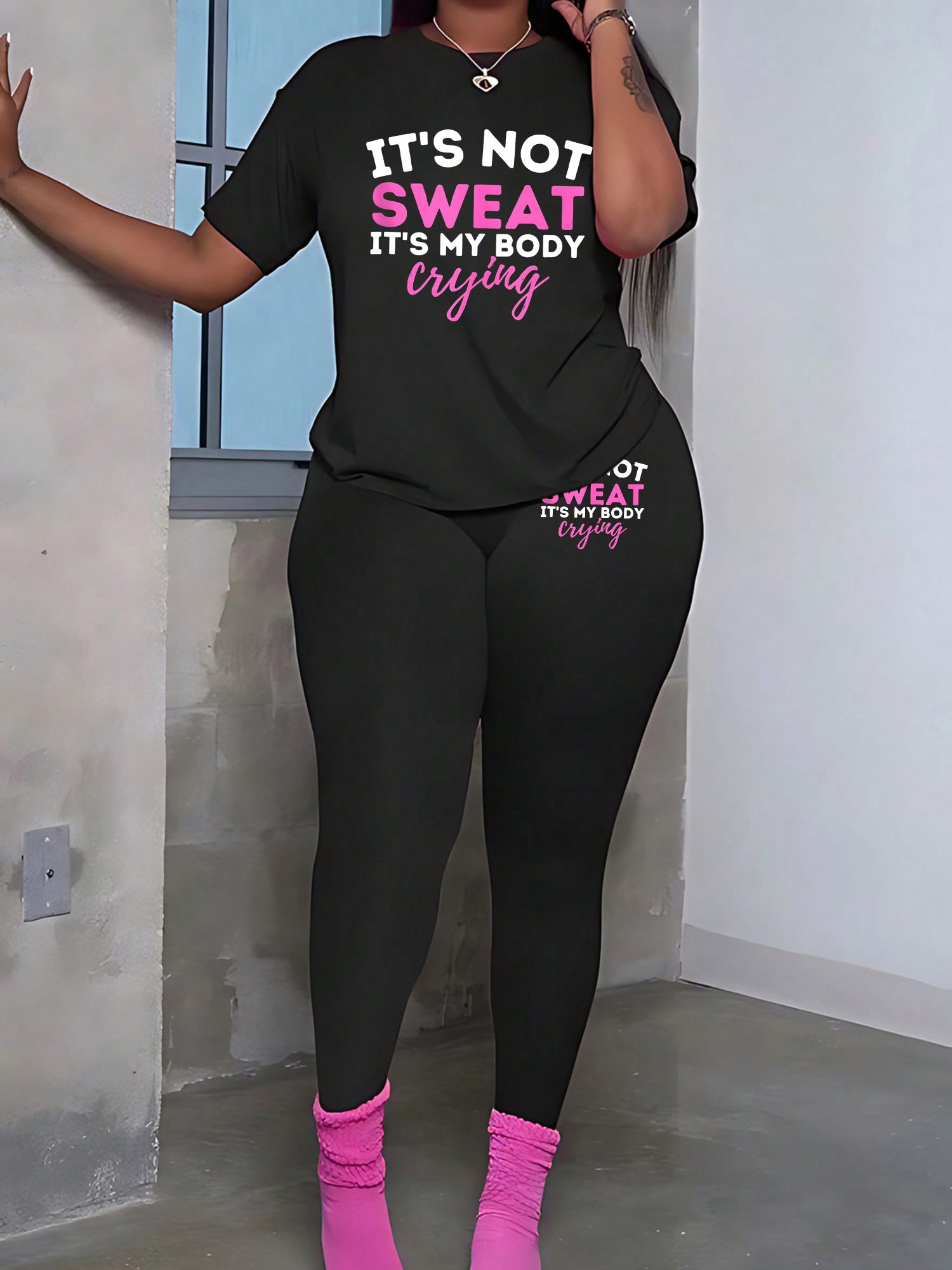 Plus Size Women'S "It'S Not Sweat, It'S My Body Crying" Graphic Tee & Leggings Set - Stretchy, Short Sleeve, Round Neck, No Pockets, Machine Washable, Casual Activewear, Activewear Outfit|Bold Print Top|Stretchy Fabric, Plus