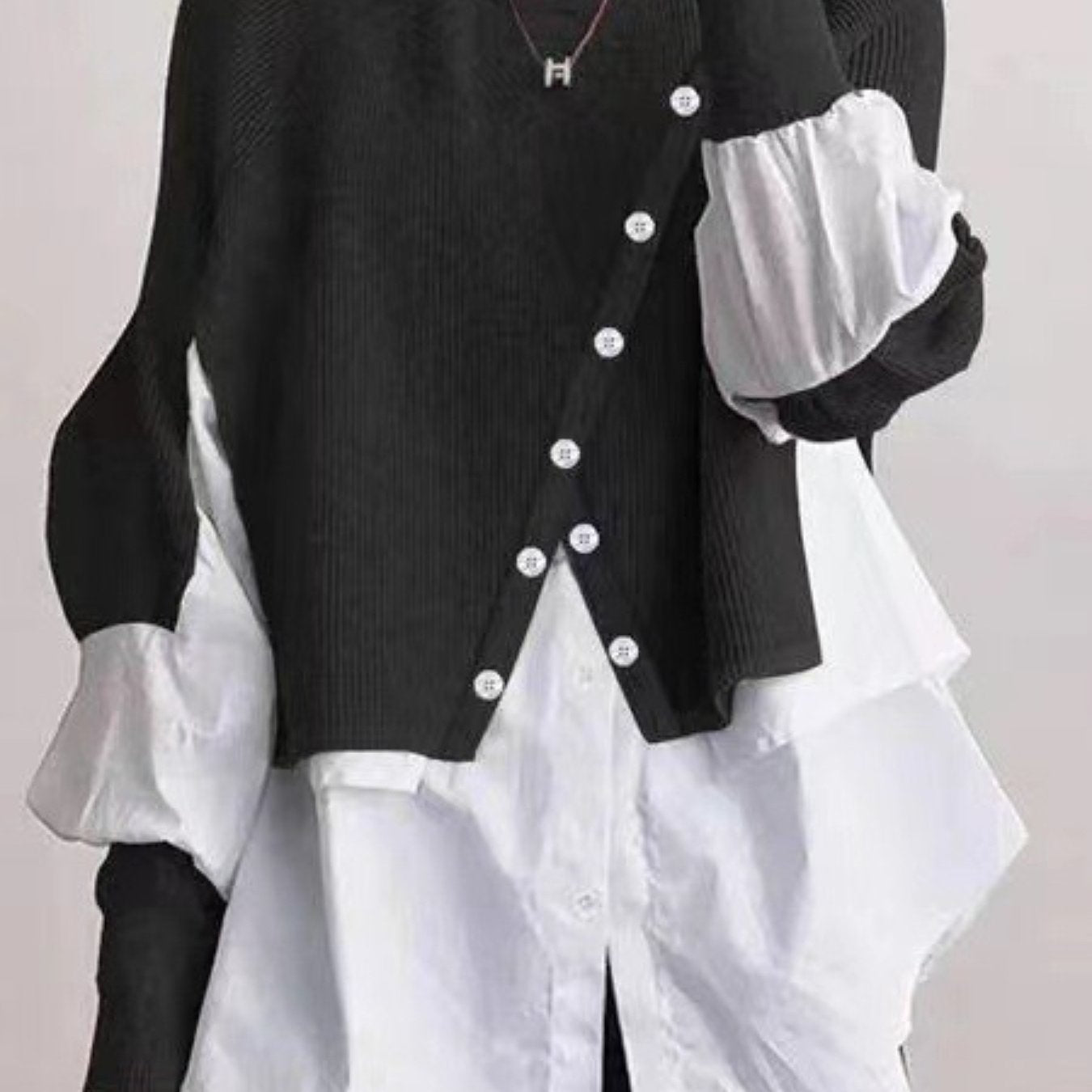 Elegant Two-Piece Sweater Shirt with Puffed Sleeves & Button Front - Long Sleeve Round Neck All-Season Machine Washable Solid Color Outerwear