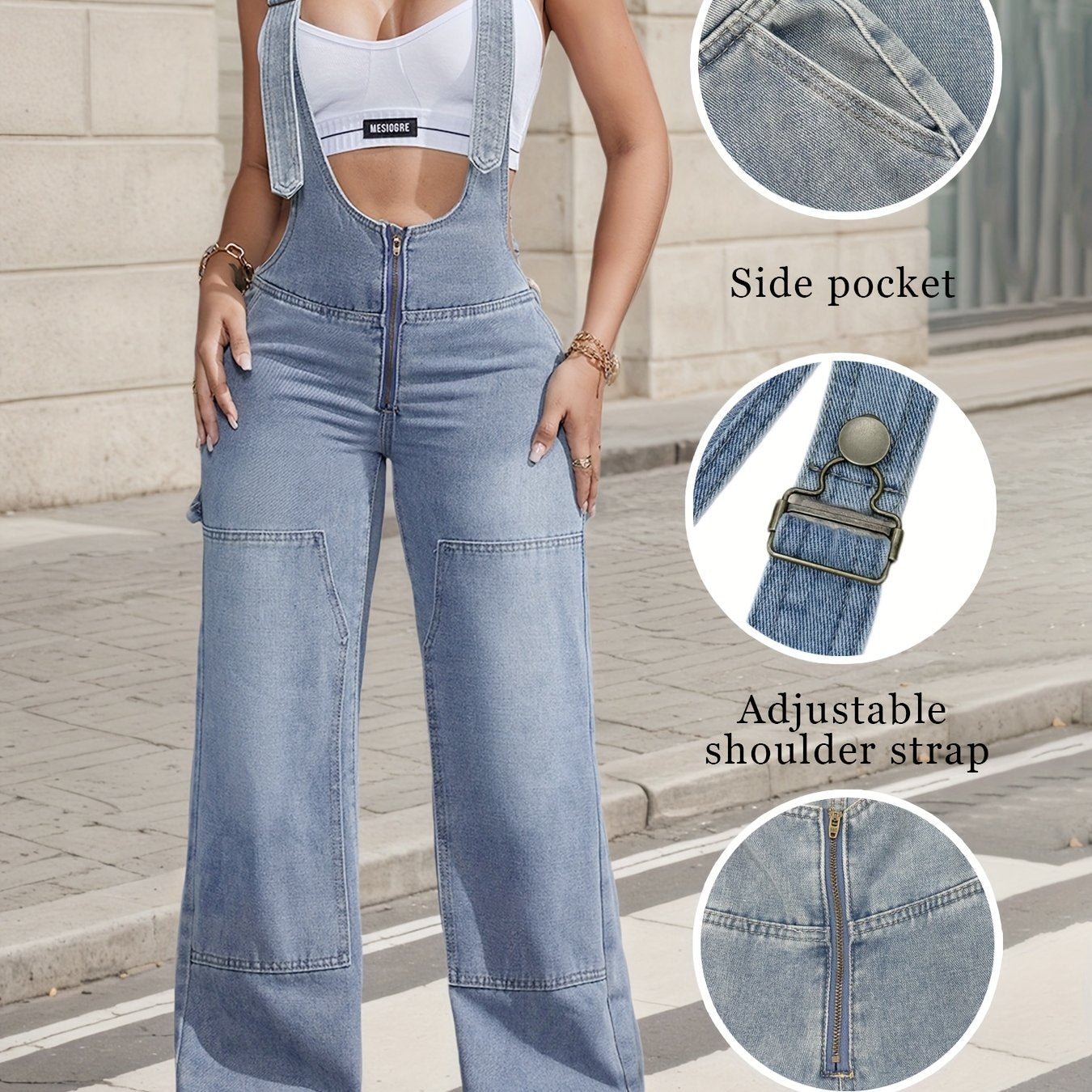 2025 New Women'S Sexy Adjustable Strap Denim Romper Casual Sleeveless High-Waisted Cargo Jeans