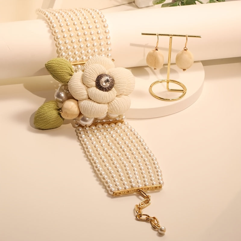 Bohemian Chic Jewelry  Pearl & Beaded Flower Jewelry Set - Multi-Layer Necklace and Earrings with Stainless Steel Posts