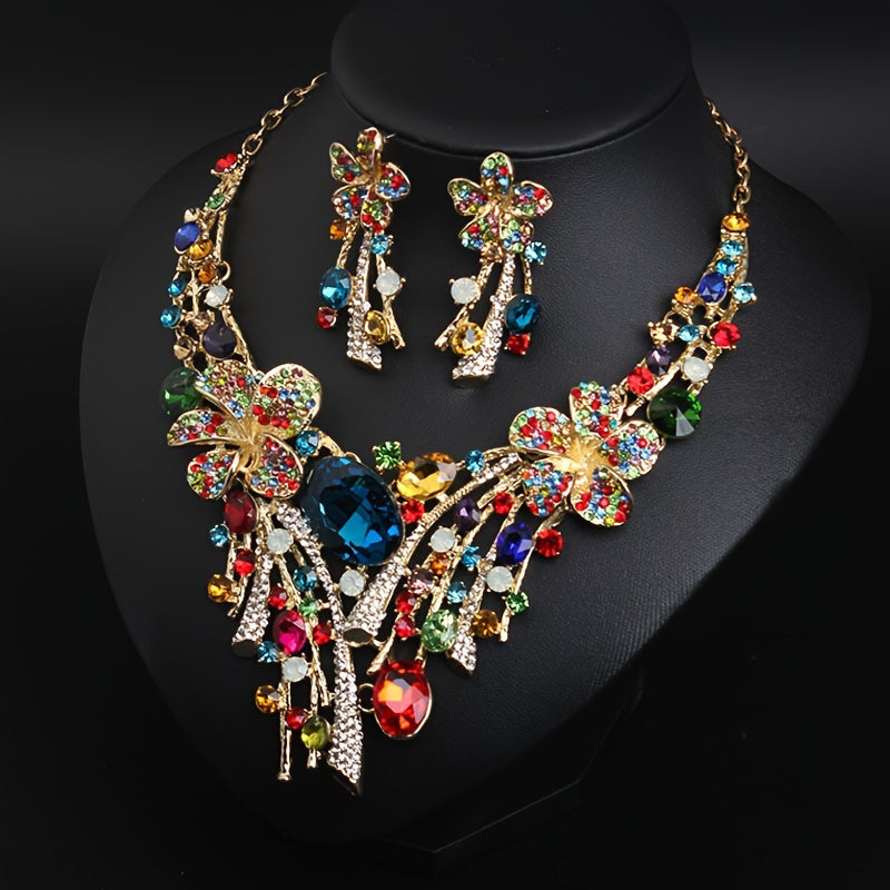 Bohemian Style 3 Piece Set Women Jewelry-Vintage Crystal Flower Necklace with Earrings for Parties and Gifts