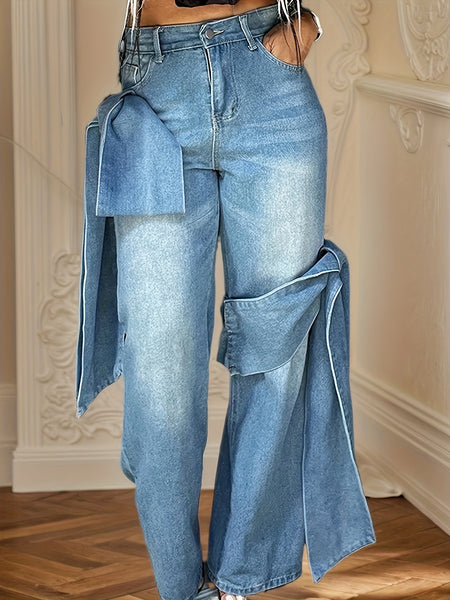 Blue Wide Leg Jeans with Bow-Tie Design Casual All-Season Polyester Blend Denim Pants with Slight Stretch for Comfort