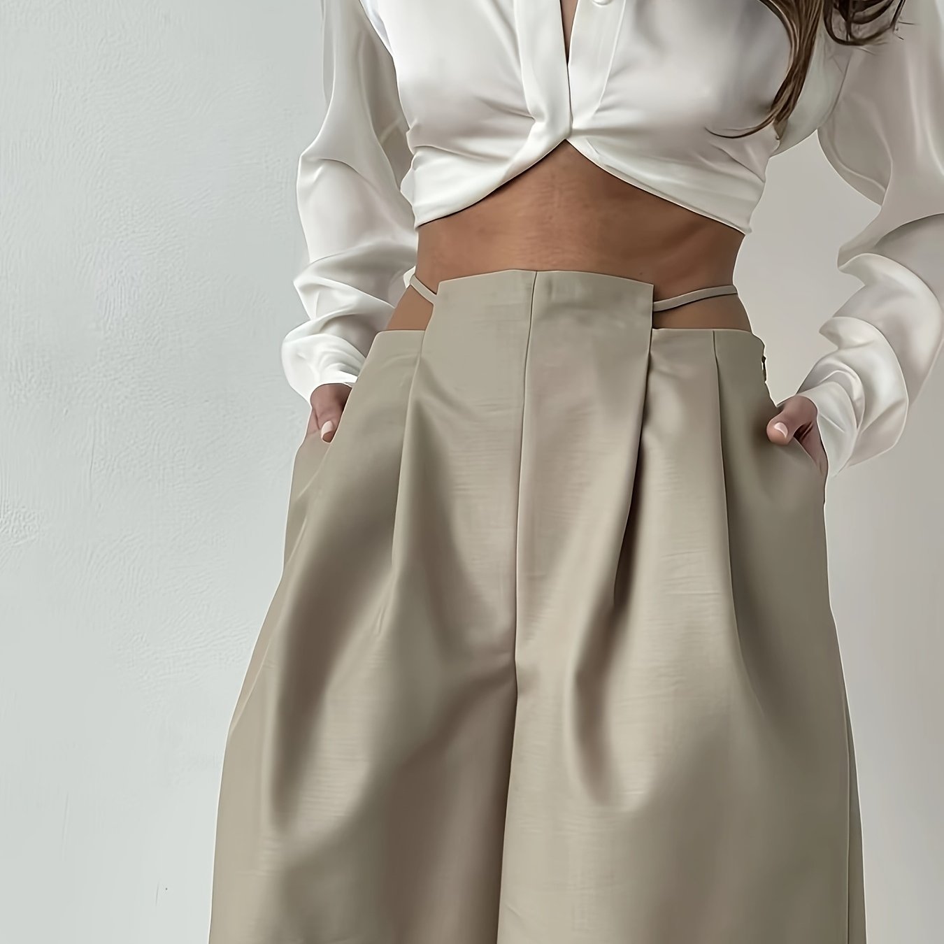 Women's Elegant Low-Rise Tie-Waist Wide Leg Shorts - Beige, Pleated Design, High-Quality Polyester Blend, Machine Washable