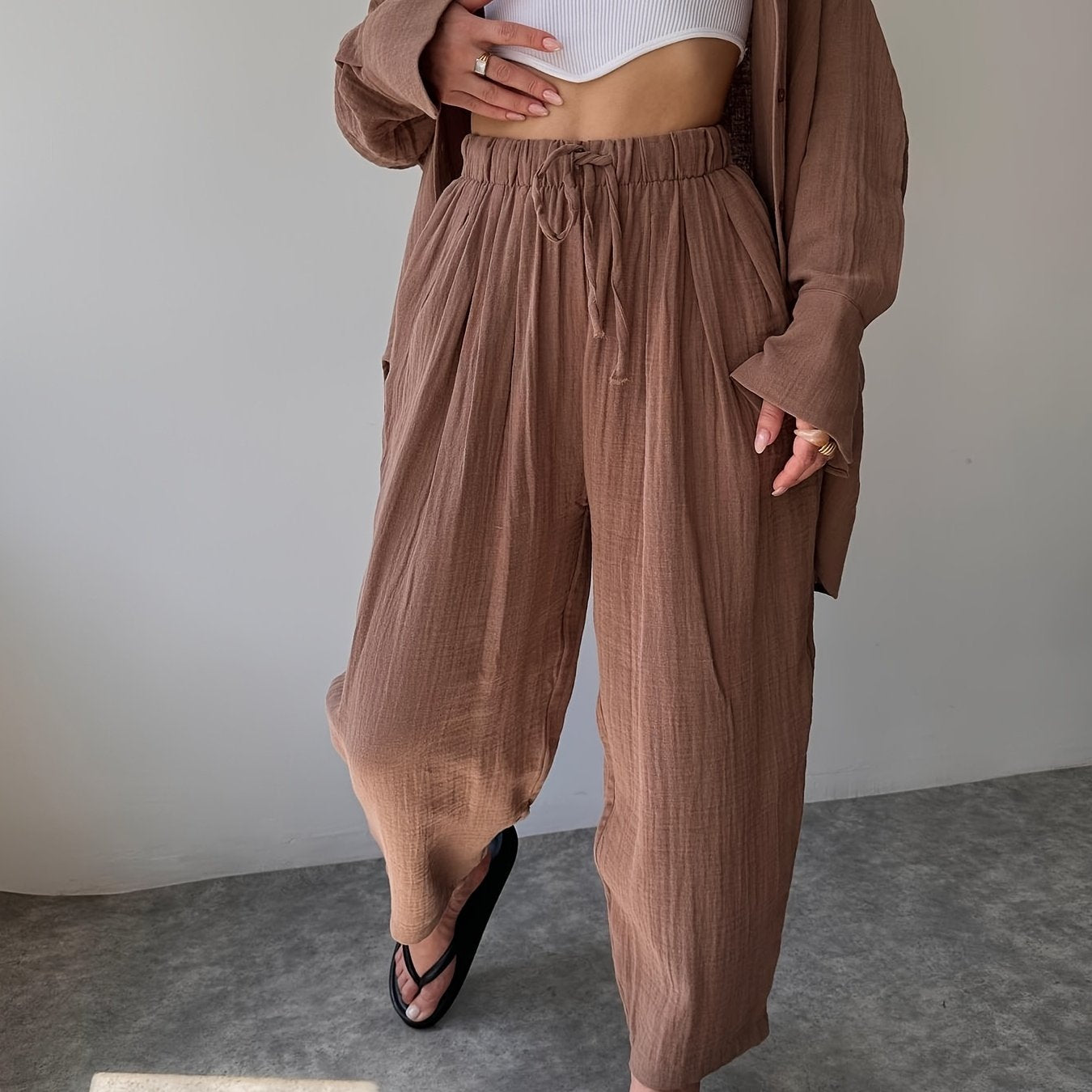 Two-piece Women's Simple Niche Lapel Long-sleeved Shirt High-Waisted Pants Fashion Suit