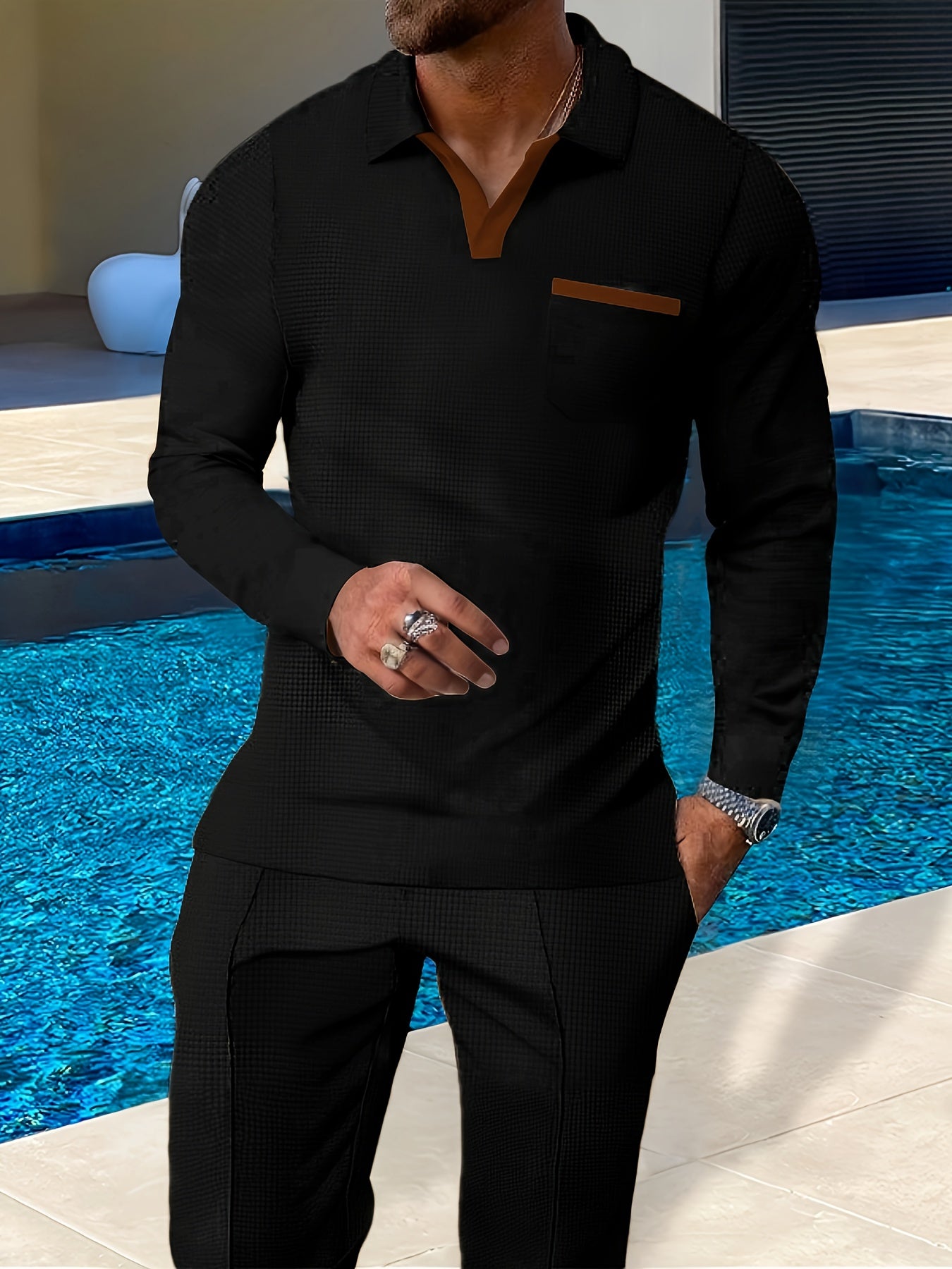 Breathable Lightweight Polyester Knit Set - Men's Casual Long Sleeve Lapel Collar Pullovers with Pockets, Slight Stretch, Regular Fit for Spring - Includes Belt, 100% Polyester