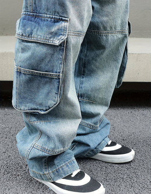 Load image into Gallery viewer, Men Vintage Washed Denim Cargo Pants - Loose Fit Wide-Leg Jeans with Multi-Pocket Storage, Distressed Details, Mid-Rise Design for Streetwear Style, Casual Outings, and All-Season Wear, Casual Attire, Flap Pockets