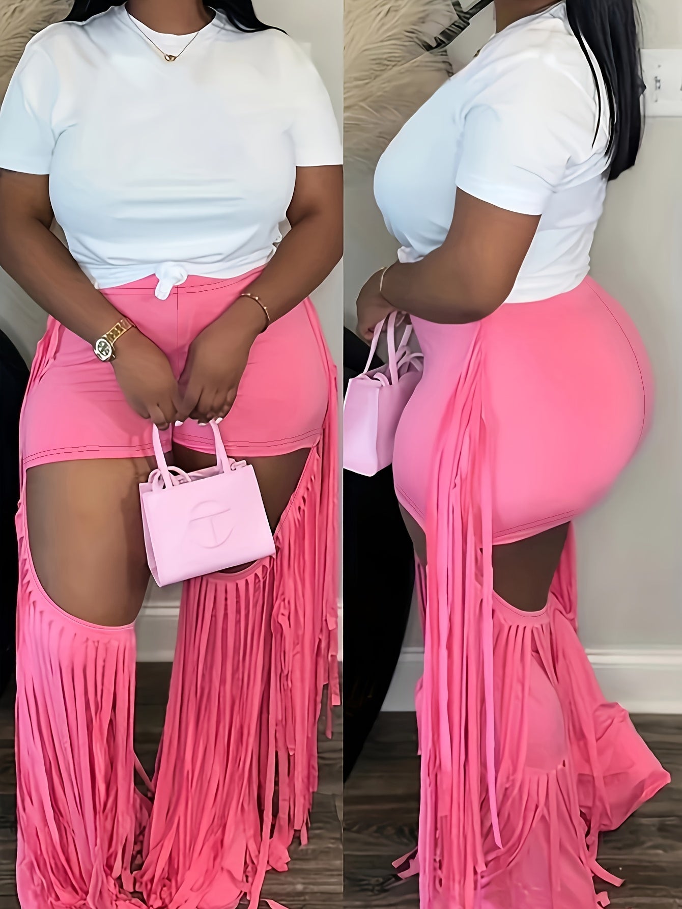 Chic High-Waist Tassel Trim Cutout Skinny Pants for Women - Stretchy, Machine Washable, Solid Color, Casual, Hollow Out