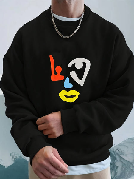 Men's Contrast Abstract Face Pattern round Neck Sweater Hip-hop Retro Street Style  Front Printed Long Sleeve for Autumn Winter