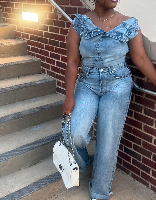 Load image into Gallery viewer, Women's Denim Jumpsuit - Y2K Inspired, Distressed Blue, Wide Leg, Asymmetrical Hem, Vintage 90s Style