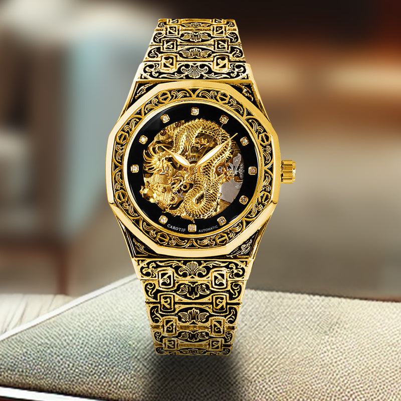 Fashionable Men Golden Steel Band Gorgeous Dragon Carved Fully Automatic Mechanical Watch, Without Battery