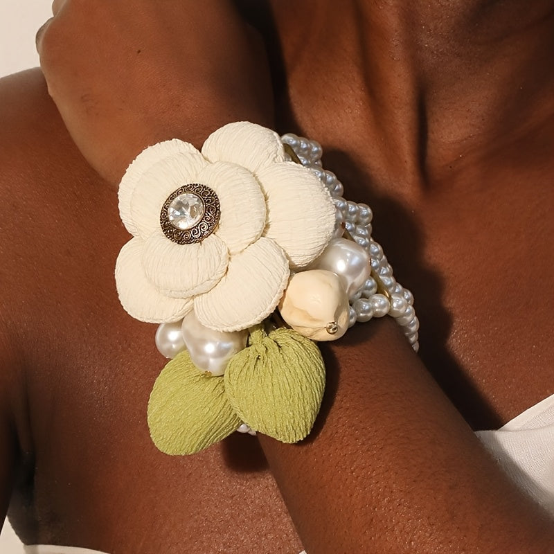 Pearl Bohemian Flower Elegant Multi-Layer Pearl and Polyester Flower Bohemian Bracelet for Any Occasion
