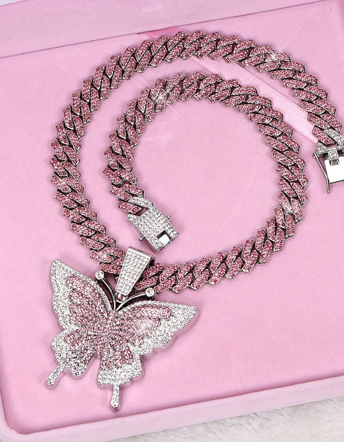 Load image into Gallery viewer, An Icy Chain And A Large Pink Rhinestone Butterfly Pendant