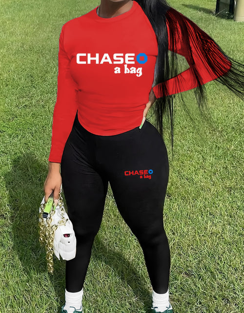 Load image into Gallery viewer, Two-Piece Chic Outfit - Crew Neck Long Sleeve Tee and Slim Fit Pants Set with Letter Print - Womens Fashion Clothing for Everyday Wear