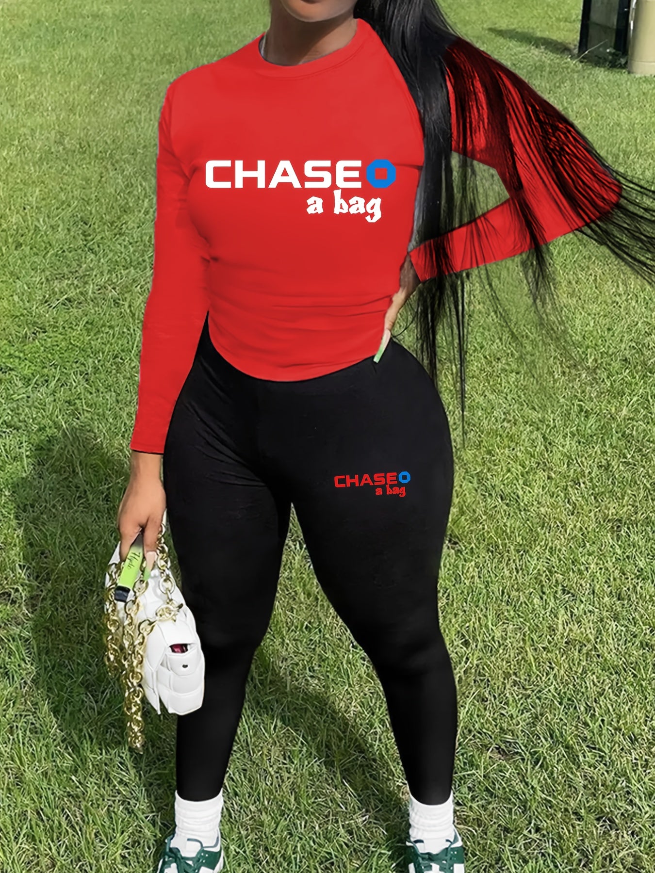 Two-Piece Chic Outfit - Crew Neck Long Sleeve Tee and Slim Fit Pants Set with Letter Print - Womens Fashion Clothing for Everyday Wear