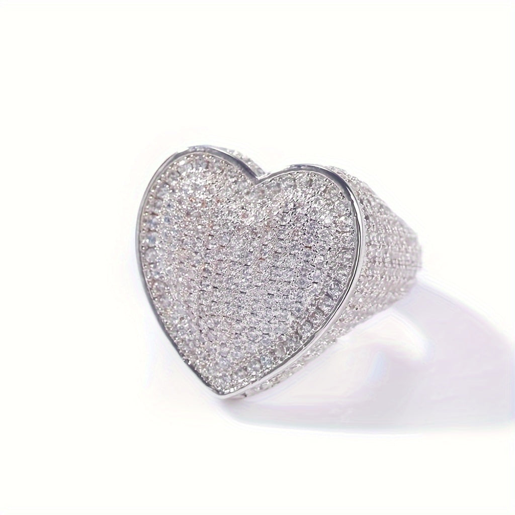 Hip-Hop Style Ring Inlaid with Sparkling Cubic Zirconia,  Heart-Shaped Ring,