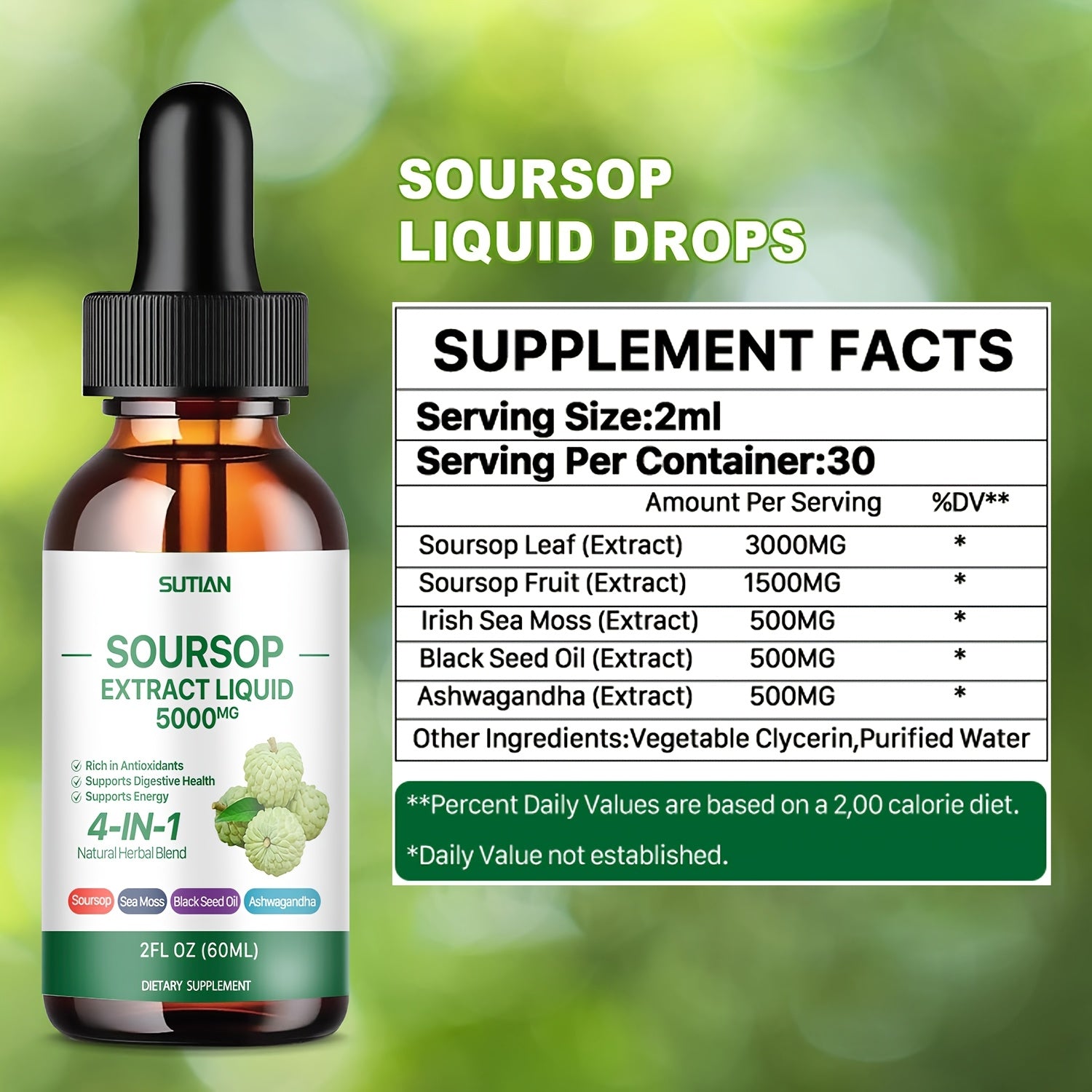 Natural Soursop Bitters Liquid Drops - Sugar-Free, Herbal Multivitamin Supplement with Soursop Oil - 2 Fl Oz, Promotes Overall Wellness and Immune System Support