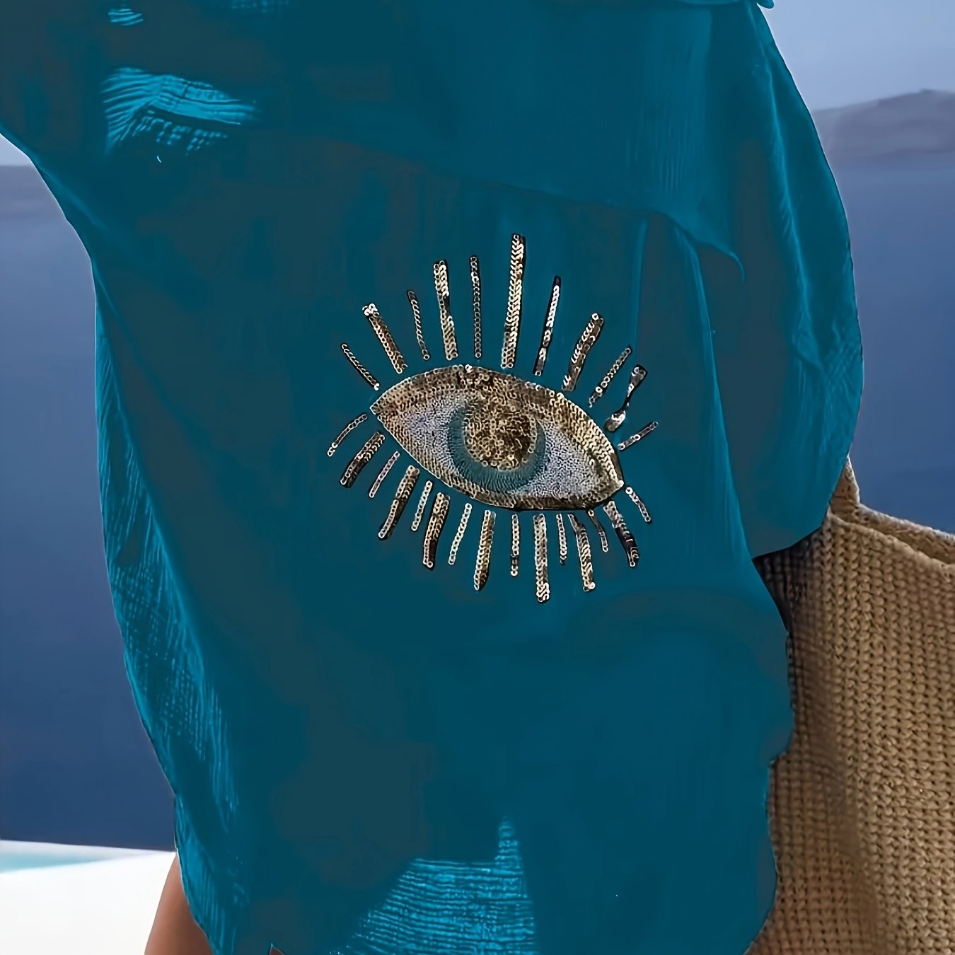 Plus Size Women's Teal Blue Beach Cardigan - Long Sleeve, Loose Fit, Sequin Third Eye Design, Soft Polyester Knit Fabric for Spring/Summer
