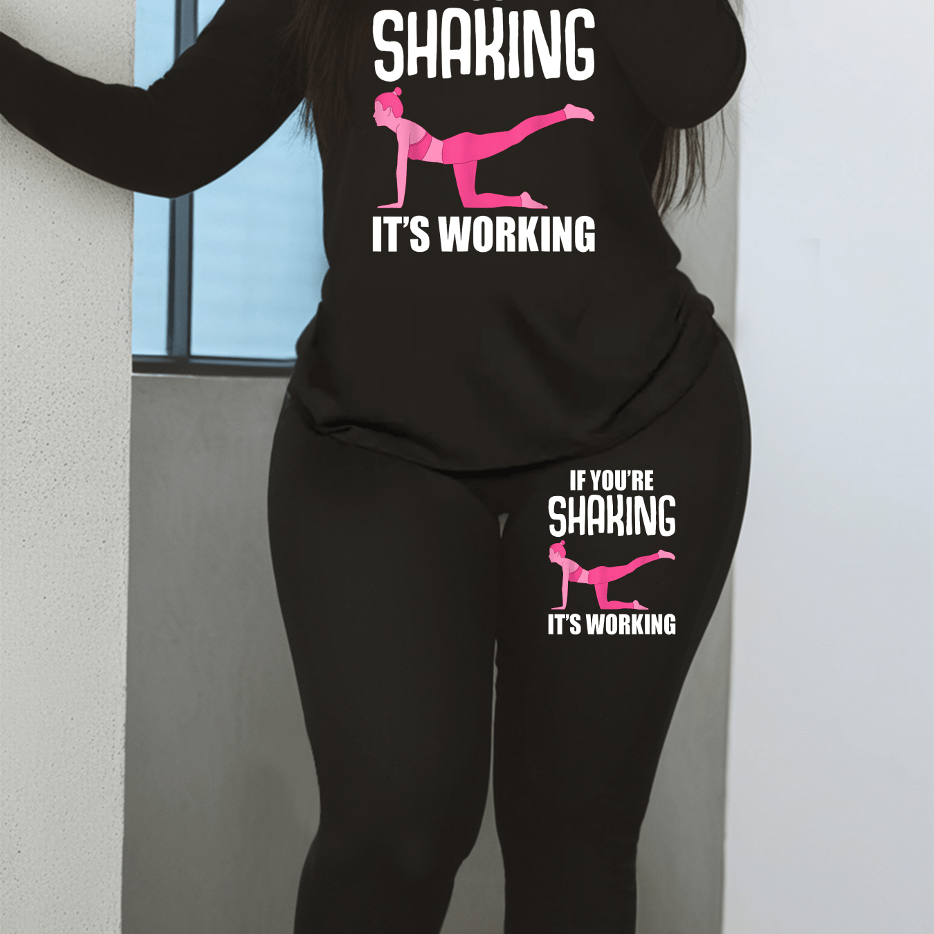 Women's Workout Set - 'If You're Shaking It's Working' Motivational Fitness Clothing | Long Sleeve Top & Leggings | Perfect for Gym and Yoga Sessions