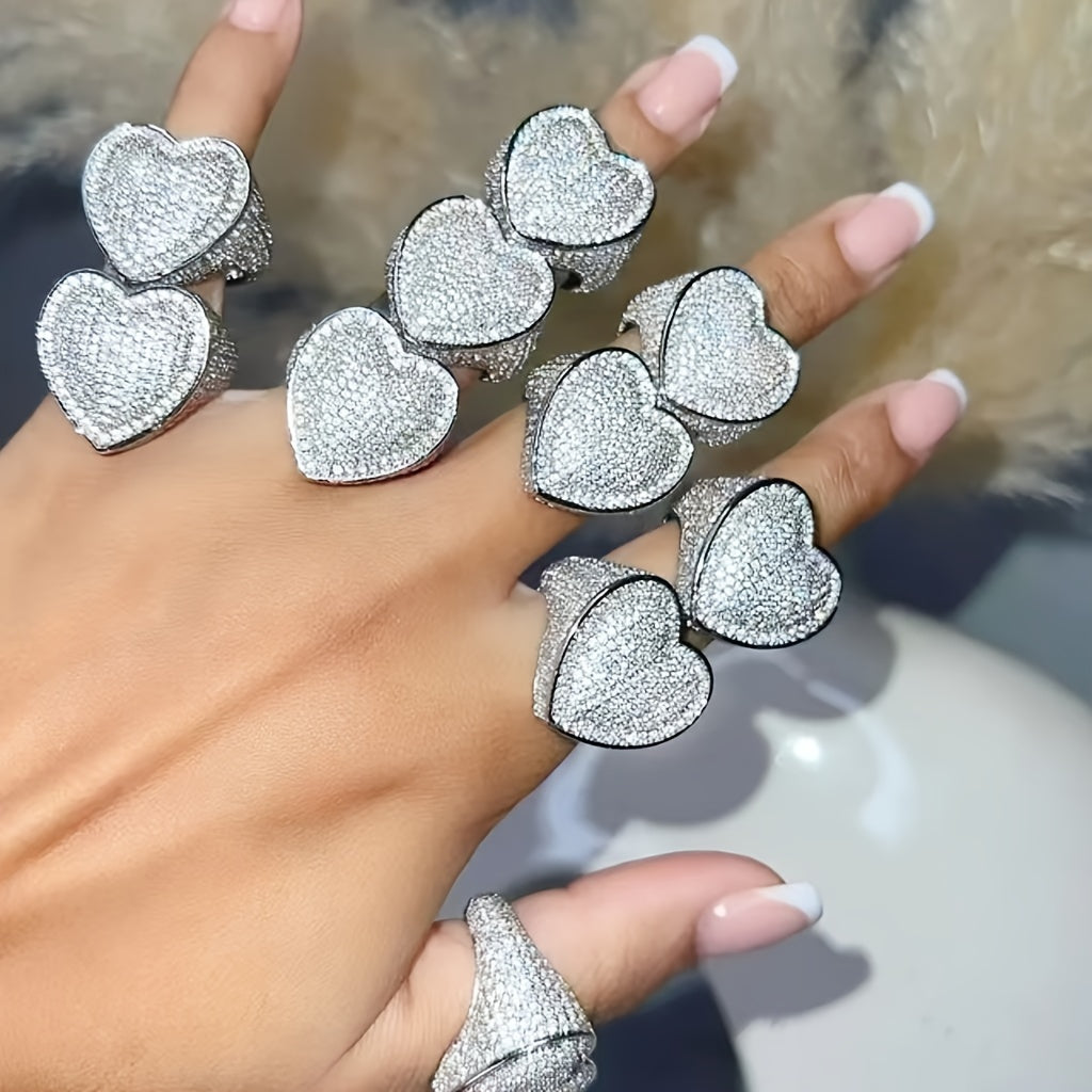 Hip-Hop Style Ring Inlaid with Sparkling Cubic Zirconia,  Heart-Shaped Ring,