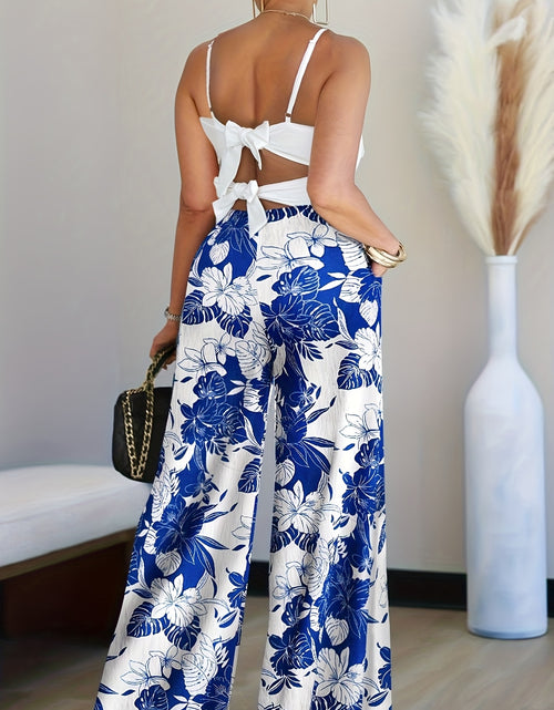 Load image into Gallery viewer, 2pcs Outfit 3D Flower Decor Asymmetrical Neck Spaghetti Strap Top And Casual Floral Print Wide Leg Pants Set