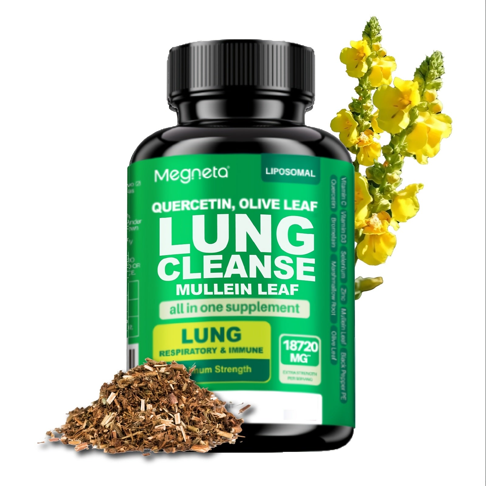Megneta Lung Cleanse Supplement - Natural Mullein Leaf Capsules For Lung Health And Respiratory System Clear - Plus With Vitamin C, Vitamin D3, Selenium, Zinc, Bromelain, Quercetin - 60 Capsules