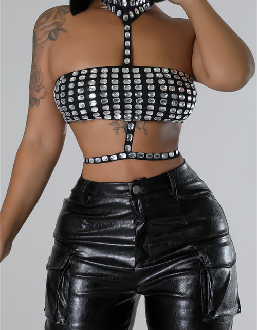 Load image into Gallery viewer, Women'S Halter Tank Tops Shiny Rhinestone Sleeveless Back Tie-up Vest Slim Fit Crop Streetwear