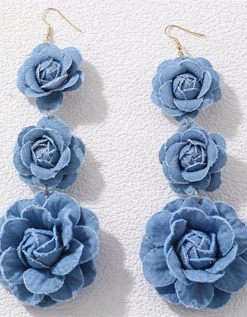 Load image into Gallery viewer, Vibrant Bohemian Rose Drop Earrings - Dazzling Polyester Fabric Flowers, Hypoallergenic Stainless Steel Hooks, No Plating, Ultra-Lightweight Long Tassel Design for Women