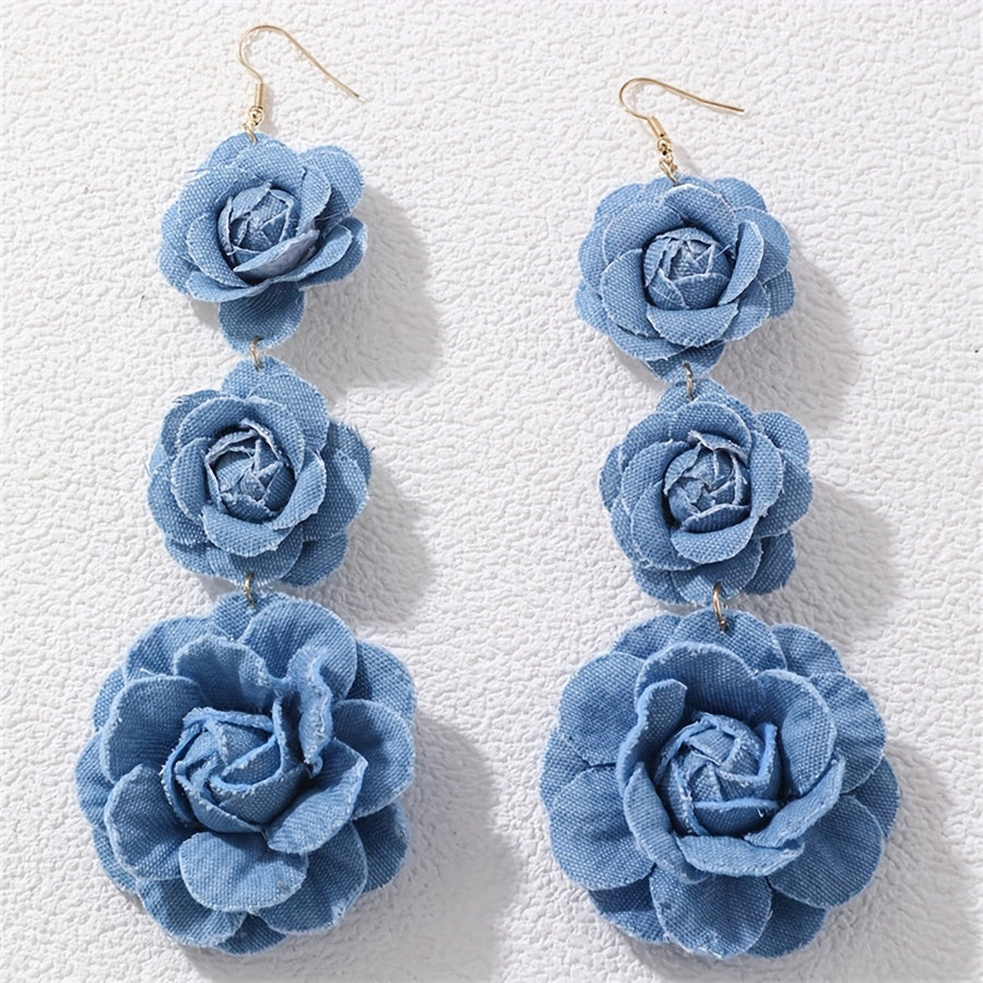Vibrant Bohemian Rose Drop Earrings - Dazzling Polyester Fabric Flowers, Hypoallergenic Stainless Steel Hooks, No Plating, Ultra-Lightweight Long Tassel Design for Women