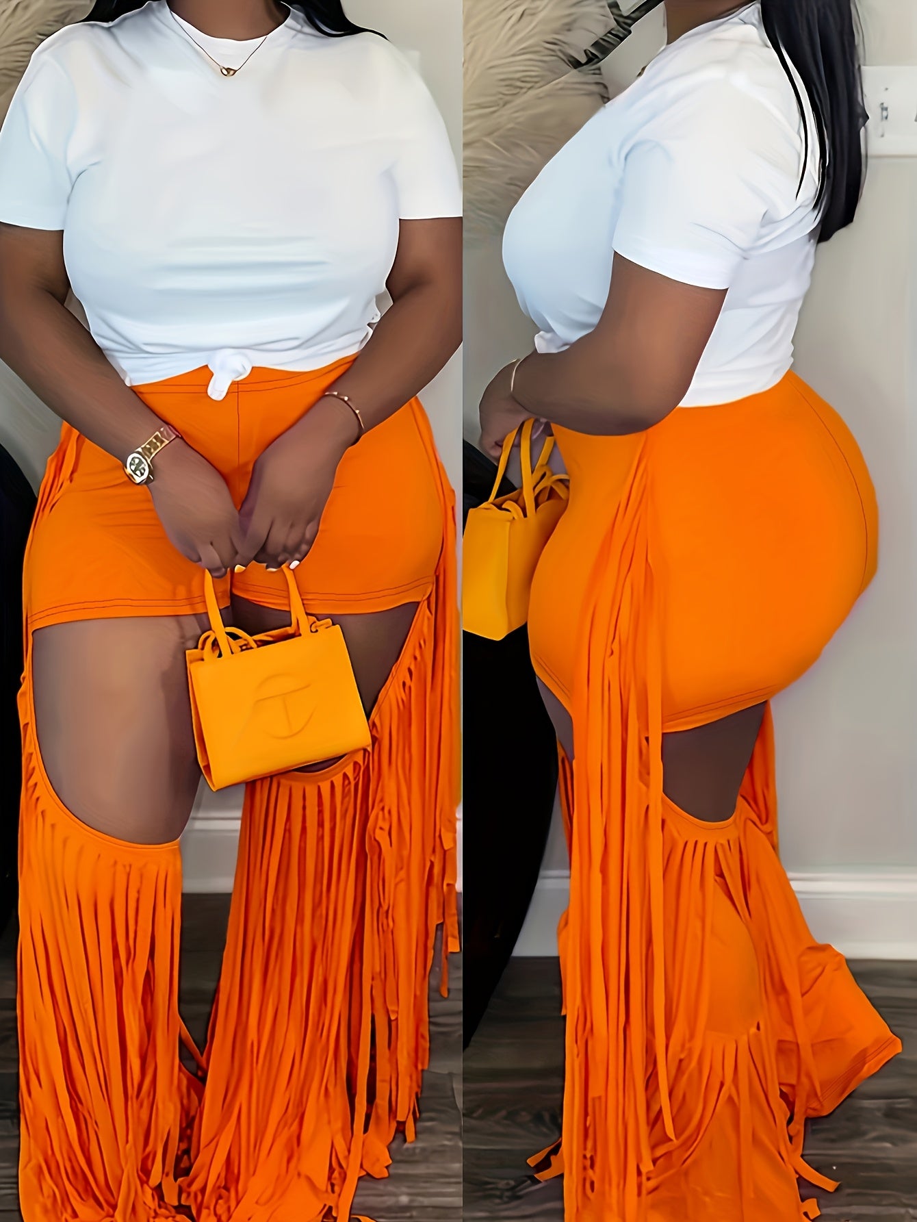 Chic High-Waist Tassel Trim Cutout Skinny Pants for Women - Stretchy, Machine Washable, Solid Color, Casual, Hollow Out