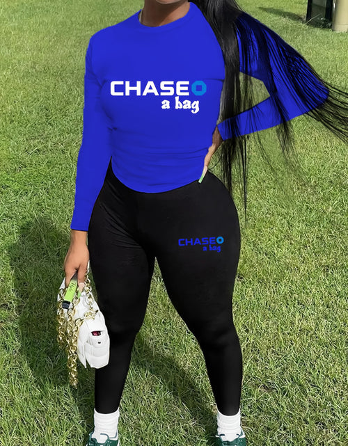 Load image into Gallery viewer, Two-Piece Chic Outfit - Crew Neck Long Sleeve Tee and Slim Fit Pants Set with Letter Print - Womens Fashion Clothing for Everyday Wear