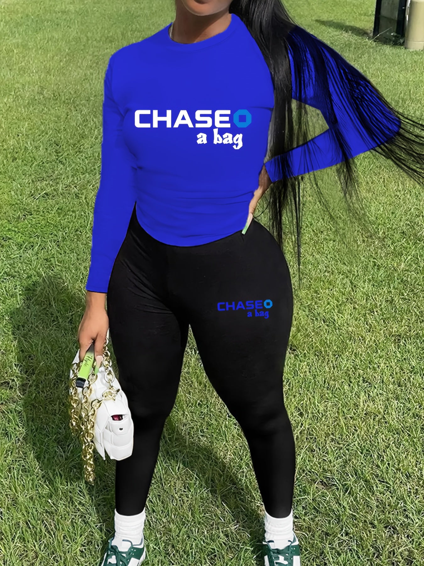 Two-Piece Chic Outfit - Crew Neck Long Sleeve Tee and Slim Fit Pants Set with Letter Print - Womens Fashion Clothing for Everyday Wear