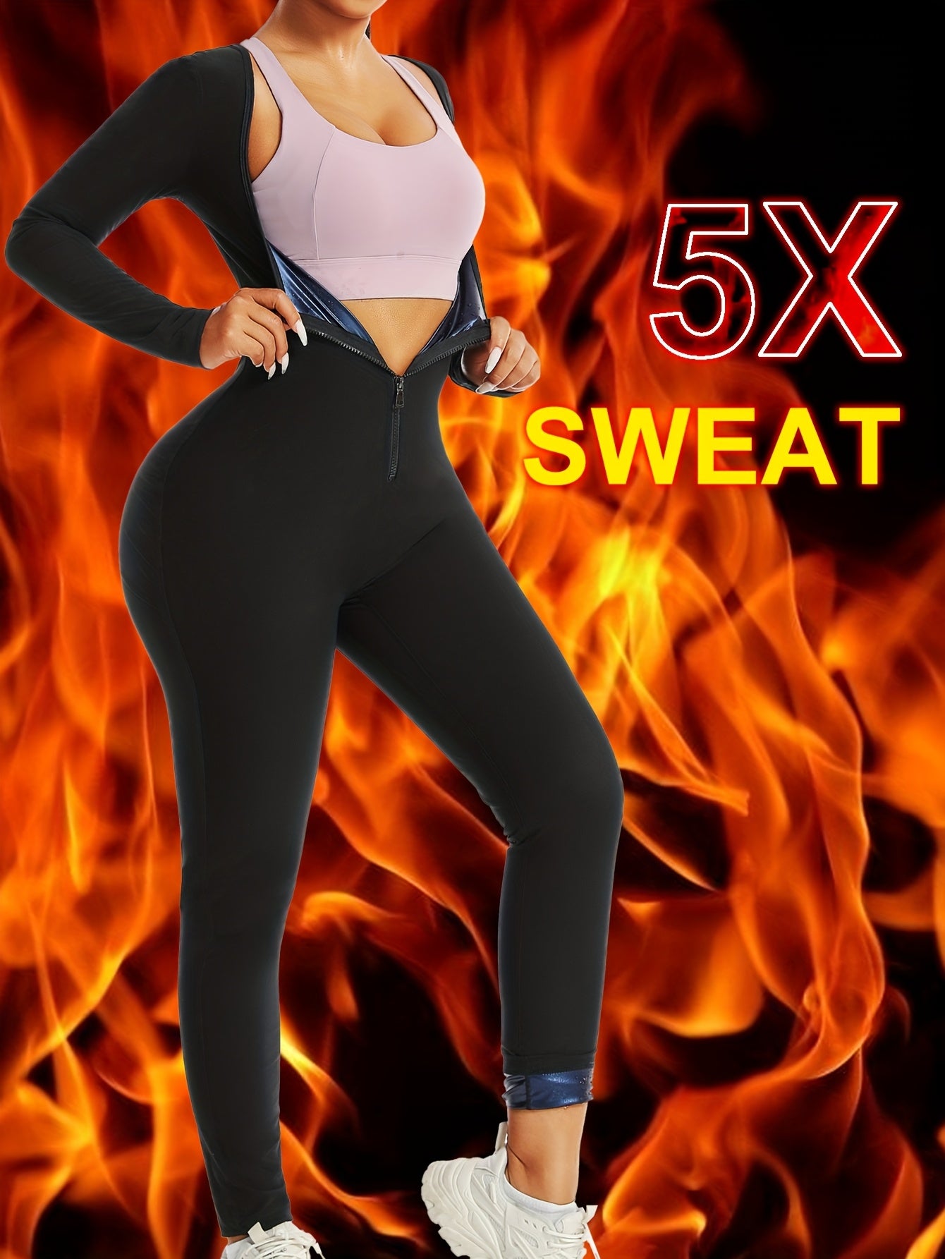[Workout Jumpsuit] Women's Full-Zip Long Sleeve & Pants Workout Jumpsuit - Full-Body Bodysuit with Tummy Control, Sweat-Wicking Gym Suit for Running, Sauna, Spa, Swimming - Machine Washable Athletic One-Piece (No Underwear Ne