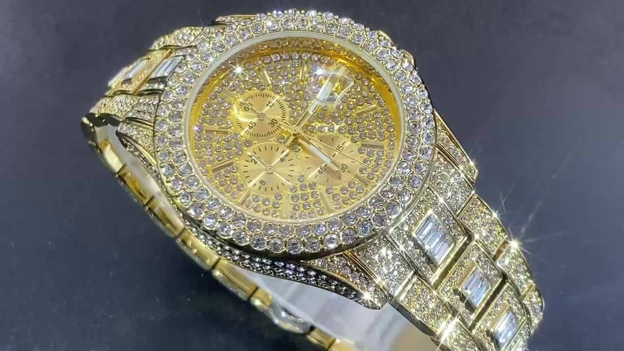 New Luxury Men Bedazzle Watch Automatic Date Fashion Waterproof Quartz Watch Men Hip Hop Iced Water Rhinestone