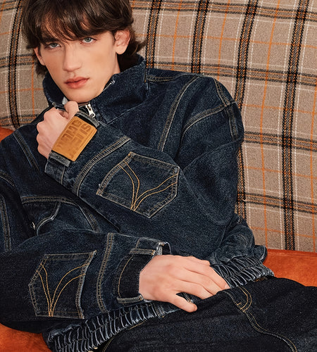 Retro And Fashionable Men's Denim Jacket, American Deconstructed Washed Style, Inverted Cuffs Design, Loose Fit with Strong Inclusiveness, Elastic Hem That Can Be Stretched, A Must-have Men's Fashionable Denim Jacket for Tren