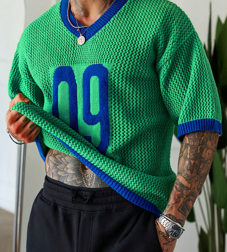 Men Vintage Style Knit Jersey - Loose Fit, Short Sleeve, V-Neck Pullover Fashionable