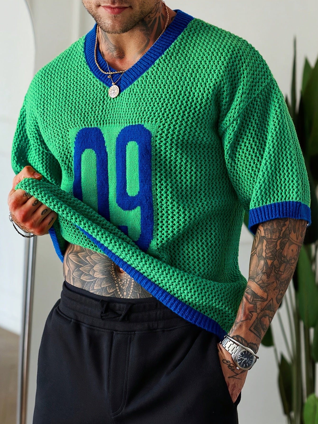 Men Vintage Style Knit Jersey - Loose Fit, Short Sleeve, V-Neck Pullover Fashionable
