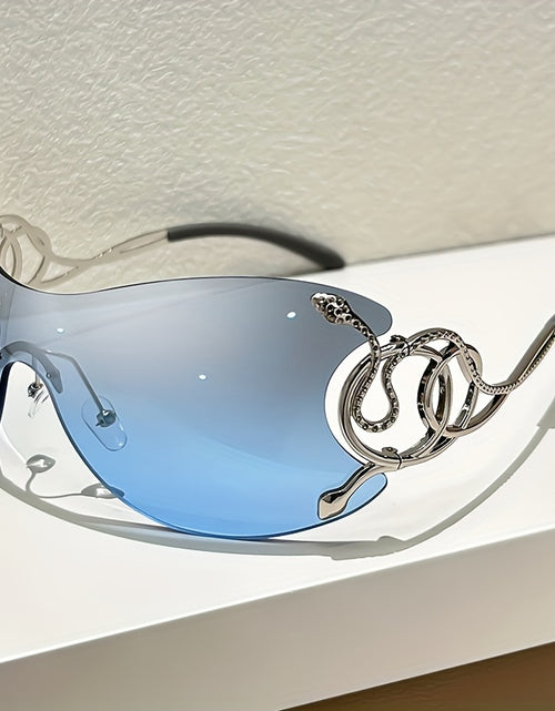 Load image into Gallery viewer, Y2K Style Frameless Glasses with Snake Design Hinges - Zinc Alloy, Clear PC Lenses, Futuristic Metallic Finish for Streetwear Fashion
