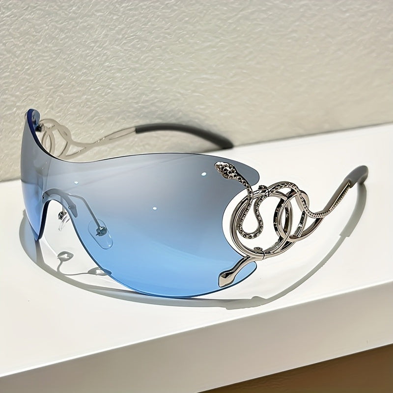 Y2K Style Frameless Glasses with Snake Design Hinges - Zinc Alloy, Clear PC Lenses, Futuristic Metallic Finish for Streetwear Fashion