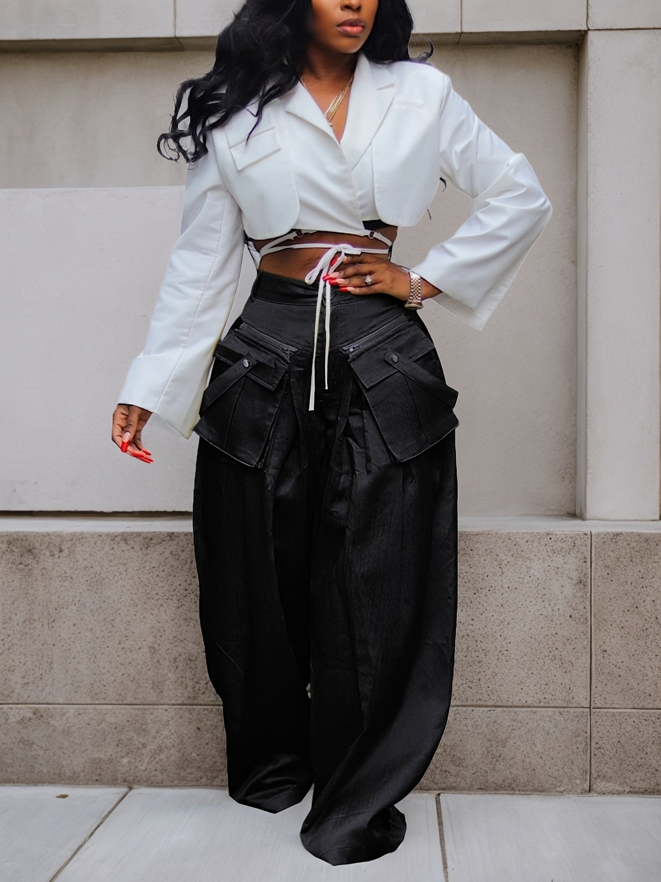 Women's High-Waisted Wide Leg Cargo Pants with Detachable 3D Pockets & Side Zipper Pockets - Lightweight Stretch Polyester-Spandex Blend, Loose Fit Solid Color Trousers