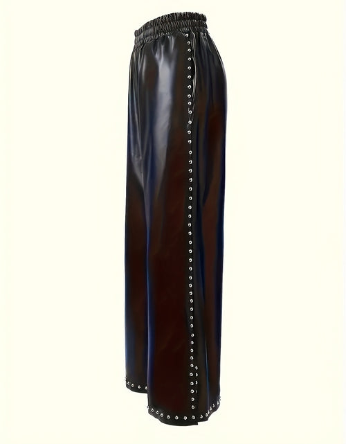 Load image into Gallery viewer, Stylish Faux Leather Women High-Waisted Wide Leg Pants with Beaded Details and Slit Hem
